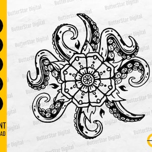 May include: Black and white digital design featuring an octopus with floral elements. The design includes tentacles and a central flower shape. Text on the left side indicates file formats: SVG, DXF, PNG, EPS, and AI. The words "INSTANT DOWNLOAD" are also present.