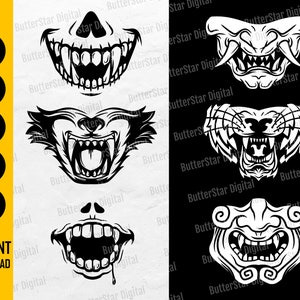 Puede incluir: Una colección de ilustraciones digitales en blanco y negro que presentan bocas abiertas estilizadas con dientes afilados y expresiones amenazantes. La imagen incluye el texto "SVG, EPS, PNG, PDF, AI, DESCARGA INSTANTÁNEA."