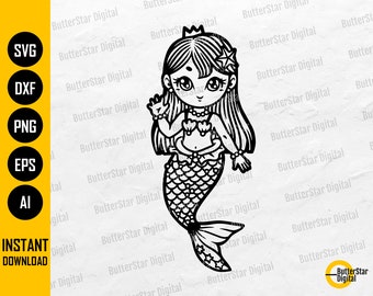 Cute Mermaid SVG | Princess SVG | Cartoon Character SVG | Cricut Cut File Silhouette Stencil Printable Clipart Vector Digital Dxf Png Eps Ai