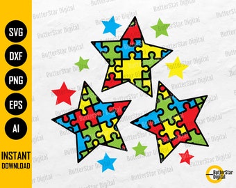 Autism Stars SVG | Autism Awareness SVG | Puzzle Pieces SVG | Cricut Cutting File Silhouette Printable Clipart Vector Digital Dxf Png Eps Ai