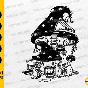 May include: Black and white digital illustration of a mushroom house with a ladder, windows, and a well. The image includes the text "SVG, DXF, PNG, EPS, AI" and "INSTANT DOWNLOAD".