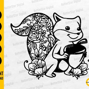 Op de afbeelding: Zwart-wit illustratie van een eekhoorn die een eikel vasthoudt. De staart van de eekhoorn is versierd met bloemmotieven. De afbeelding bevat de woorden "SVG", "DXF", "PNG", "EPS", "AI" en "INSTANT DOWNLOAD".