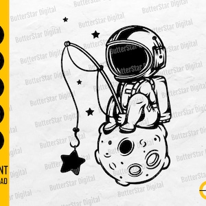 Cute Space Astronaut Fishing For Stars SVG | Kids Decal T-Shirt Sticker | Cricut Silhouette Printables Clipart Vector Digital Dxf Png Eps Ai