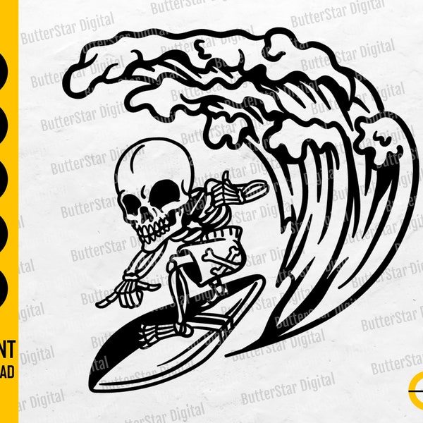 Cool Skeleton Surfing SVG | Surfer SVG T-Shirt Graphics Vinyl Decal | Cricut Cut File Silhouette Cameo Clipart Vector Digital Dxf Png Eps Ai