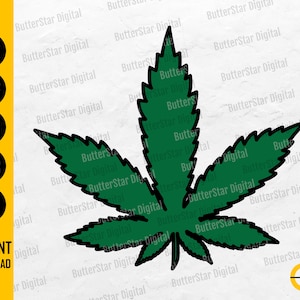May include: A green cannabis leaf vector graphic with black outlines. The image includes the text "SVG, DXF, PNG, EPS, AI" and "INSTANT DOWNLOAD". The logo for ButterStar Digital is in the bottom right corner.
