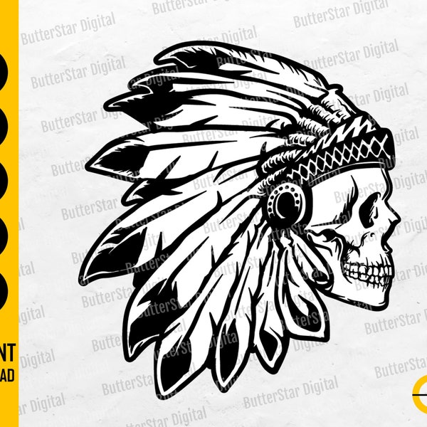 Indian Skull SVG | Village Chief Head Dress Feathers Tribe Tattoo T-Shirt Vinyl Decal | Cutting Files Clipart Vector Digital Png Eps Dxf Ai