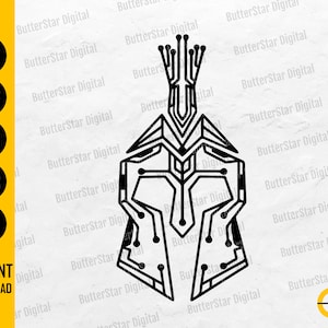 May include: Black and white digital illustration of a Spartan helmet with circuit board design elements. The image includes the text "INSTANT DOWNLOAD" and file type icons for SVG, DXF, PNG, EPS, and AI.