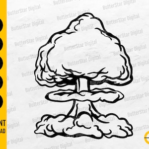 May include: Black and white graphic of a mushroom cloud explosion. The image includes the text "SVG, DXF, PNG, EPS, AI" and "INSTANT DOWNLOAD". The design is a digital file.