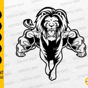 May include: Black and white lion graphic with an aggressive stance, claws extended, and mouth open. The image includes the text "SVG, DXF, PNG, EPS, AI" and "INSTANT DOWNLOAD". The lion is a digital design.