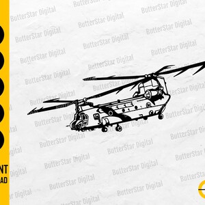 Helicóptero Chinook SVG | Gráficos de adesivos de decalque militar do exército | Arquivo de corte de silhueta Cameo | Imprimível Clipart Vetor Digital Dxf Png Eps Ai