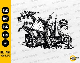 Kraken SVG | Tentacles SVG | Ocean Sea Monster Wall Art Vinyl Decal Decor Shirt Sticker | Cutting File Clipart Vector Digital Dxf Png Eps Ai
