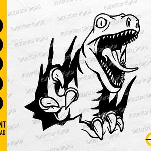 May include: Black and white digital illustration of a roaring dinosaur with sharp teeth and claws. The image includes the text "SVG, DXF, PNG, EPS, AI, INSTANT DOWNLOAD".