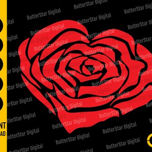 May include: A red rose graphic on a black background. The rose is in the shape of a heart. The image includes the text "SVG", "DXF", "PNG", "EPS", "AI", and "INSTANT DOWNLOAD" in a yellow box.