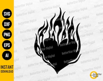 Corazón en llamas SVG / Amor tatuaje calcomanía símbolo camiseta pegatina gráfica / Cricut archivos de corte imprimible Clip Art Vector Digital Dxf Png Eps Ai
