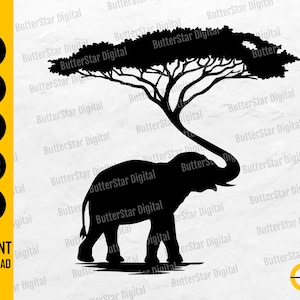 May include: A black silhouette design featuring an elephant with its trunk as the trunk of a tree. The tree's foliage forms the top of the image. Text includes "SVG, DXF, PNG, EPS, AI, INSTANT DOWNLOAD".