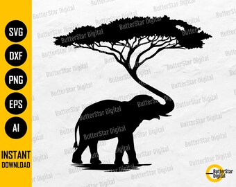 Elefante de árbol SVG / Sabana africana SVG / Safari camiseta calcomanía pegatina arte gráficos / Cricut Cut File Clipart Vector Digital Dxf Png Eps Ai