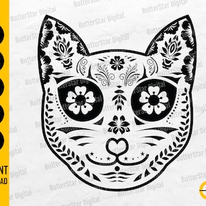 Sugar Skull Cat SVG | Day Of The Dead | Dia De Los Muertos Skull | Cricut Cutting File | Clipart Vector | Digital Download Png Eps Pdf Ai