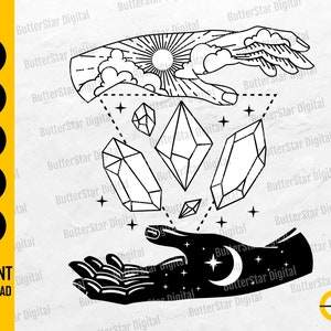 Hand Holding Crystals SVG | Celestial SVG | Astrology Decal T-Shirt Graphics | Cutting File Printable Clipart Vector Digital Dxf Png Eps Ai