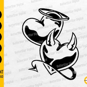 Puede incluir: Ilustración digital en blanco y negro de dos corazones, uno con un halo y el otro con cuernos y una cola. La imagen incluye el texto "INSTANT DOWNLOAD" y opciones de tipo de archivo: SVG, DXF, PNG, EPS y AI.