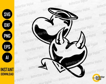 Angel And Devil Hearts SVG | Cute Love Gift Card T-Shirt Decor Decal | Cricut Silhouette CNC Printable Clipart Vector Digital Dxf Png Eps Ai