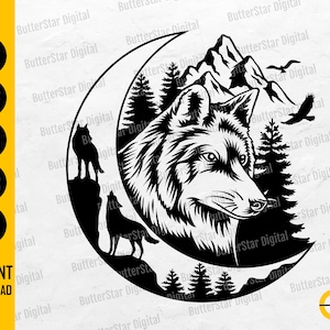 Pode incluir: Design em preto e branco de um lobo com montanhas, árvores e pássaros, dentro de uma lua crescente. Inclui o texto "SVG, DXF, PNG, EPS, AI" e "INSTANT DOWNLOAD".