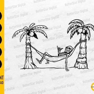 Puede incluir: Ilustración digital en blanco y negro de un esqueleto relajándose en una hamaca entre dos palmeras. El esqueleto lleva gafas de sol y hace la señal de shaka. Las palabras "INSTANT DOWNLOAD" están en la parte inferior.