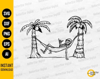 May include: Black and white digital illustration of a skeleton relaxing in a hammock strung between two palm trees. The skeleton is wearing sunglasses and giving a shaka sign. The words "INSTANT DOWNLOAD" are at the bottom.