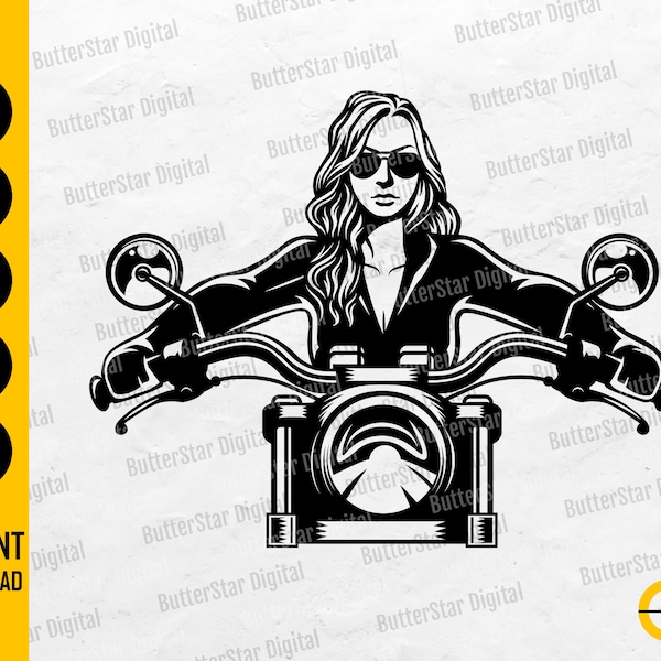 Biker Girl SVG | Woman Riding Motorcycle SVG | Motorbike SVG | Bike Road Ride Rider | Cutfile Cuttable Clipart Vector Digital Dxf Png Eps Ai