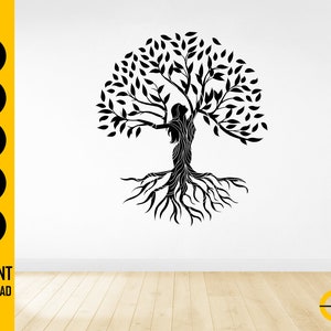 May include: Black and white illustration of a woman integrated into a tree design. The tree has a full canopy of leaves and extensive roots. The image includes the text "SVG, DXF, PNG, EPS, AI" and "INSTANT DOWNLOAD".