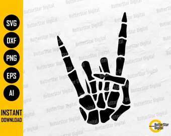 Skeleton Hand Rock Sign SVG | Bones Tattoo Decal T-Shirt Sticker Art | Cricut Silhouette Cutting File Clipart Vector Digital Dxf Png Eps Ai