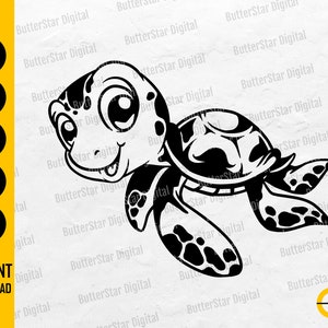 Puede incluir: Ilustración de dibujos animados en blanco y negro de una tortuga marina. La tortuga tiene una cara sonriente y un caparazón estampado. La imagen incluye el texto "SVG, DXF, PNG, EPS, AI" y "INSTANT DOWNLOAD".