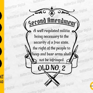 May include: Black and white graphic design with the text "Second Amendment" and the phrase "A well regulated militia being necessary to the security of a free state, the right of the people to keep and bear arms shall not be infringed." Includes bullets and the words "OLD NO. 2".