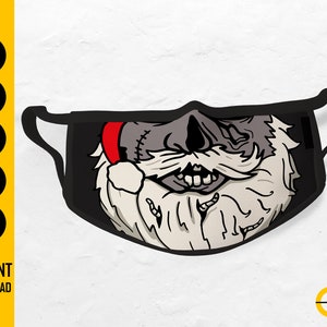 May include: Black face mask with a zombie Santa Claus design, complete with a red hat and white beard. The mask has black ear loops. Text on the left reads "SVG, DXF, PNG, EPS, AI" and "INSTANT DOWNLOAD".