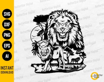 Safari Lion SVG | African Savana SVG | Wild Animal T-Shirt Decal Sticker | Cricut Cut Files Silhouette Clipart Vector Digital Dxf Png Eps Ai