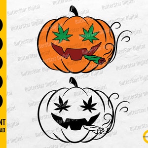 May include: Orange pumpkin illustration with cannabis leaf eyes and a lit joint. The pumpkin has a carved mouth and is surrounded by decorative swirls. The image also includes the text "SVG, EPS, PNG, PDF, AI, INSTANT DOWNLOAD."