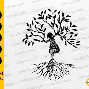 May include: Black and white digital art of a tree with a girl incorporated into the design. The tree's branches form the girl's arms and the roots are her legs. The image includes the words "SVG, DXF, PNG, EPS, AI" and "INSTANT DOWNLOAD".