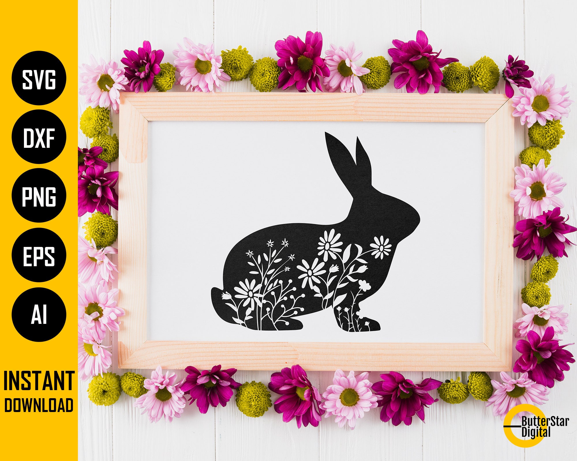 Floral Bunny SVG | Flower Rabbit SVG | Wildflower Spring Decor Decal ...