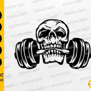 May include: Black and white graphic of a skull biting a barbell. The image includes the text "SVG, DXF, PNG, EPS, AI" and "INSTANT DOWNLOAD". The design is a digital file.