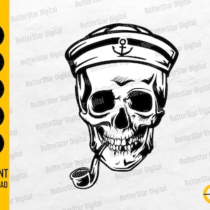 May include: A monochrome illustration of a skull wearing a sailor's hat, complete with an anchor. The skull is depicted smoking a pipe. The image also includes the text "INSTANT DOWNLOAD".