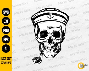 Sailor Skull With Pipe SVG | Sailing SVG | First Mate Navy Boat Ship Ocean Sea | Cutting File Cuttable Clipart Vector Digital Dxf Png Eps Ai