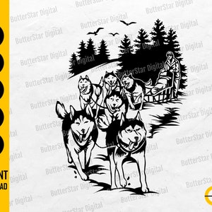 May include: Black and white illustration of a dog sled team with a musher. The team of huskies pulls a sled through a snowy landscape, with pine trees and birds in the background. The words "INSTANT DOWNLOAD" are also visible.