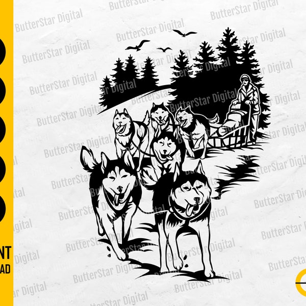 Sled Dogs SVG | Snow Mountains SVG | Pet Animal T-Shirt Decal Graphic | Cricut Cutting File Silhouette Clipart Vector Digital Dxf Png Eps Ai