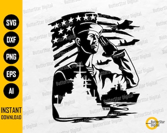 Puede incluir: Ilustración en blanco y negro de un marinero saludando con la bandera estadounidense y aviones militares de fondo. Incluye el texto "INSTANT DOWNLOAD" y opciones de archivo SVG, DXF, PNG, EPS y AI.