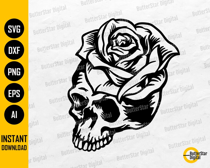 Rose Skull SVG | Gothic Flower T-shirt Tattoo Stencil Graphics Decals ...
