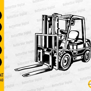 Könnte beinhalten: Schwarz-Weiß-Illustration eines Gabelstaplers. Das Bild enthält den Text "SVG, DXF, PNG, EPS, AI" und "SOFORT-DOWNLOAD". Der Gabelstapler hat einen Sitz, ein Lenkrad und Gabeln.