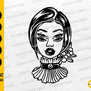 May include: Black and white digital illustration of a woman's face with multiple eyes and a decorative collar. The image includes the text "INSTANT DOWNLOAD" and file type options: SVG, DXF, PNG, EPS, and AI.