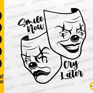 Laugh now, cry later: Contrasting clown masks, one laughing and