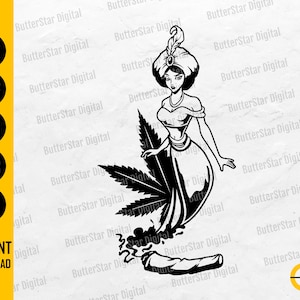 Puede incluir: Ilustración digital en blanco y negro de una mujer con turbante, una hoja de cannabis y un porro encendido. La imagen incluye el texto "SVG, DXF, PNG, EPS, AI" y "INSTANT DOWNLOAD". El logotipo de ButterStar Digital está en la esquina inferior derecha.