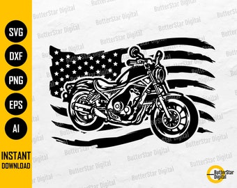 USA Flag Motorcycle SVG | American Biker SVG | Big Bike Rider T-Shirt Decal Tattoo | Cricut Silhouette Clipart Vector Digital Dxf Png Eps Ai