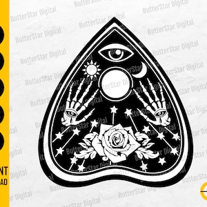 May include: A black and white Ouija board design featuring celestial and skeletal hand elements. Includes a rose, stars, sun, moon, and eye symbols. The image also has the text "INSTANT DOWNLOAD".